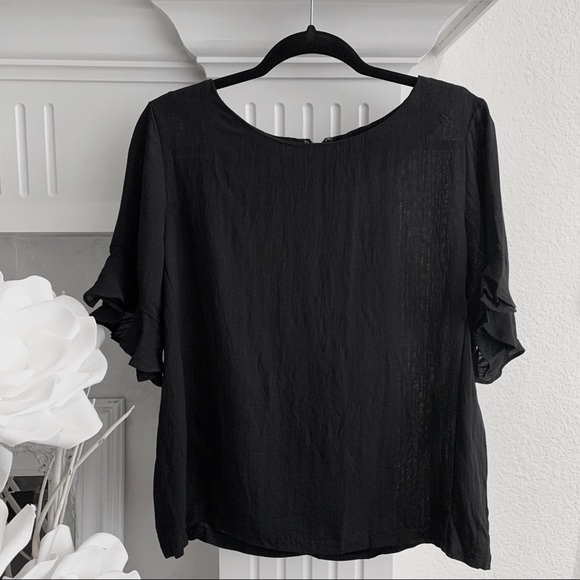 ESLEY BLACK TUNIC TOP BELL SLEEVE  BACK ZIPPER CLOSURE - Picture 1 of 12